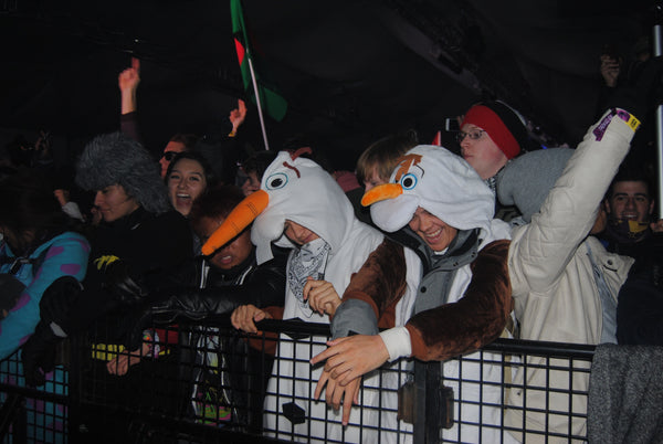 ravers stay warm in onesies at snowglobe