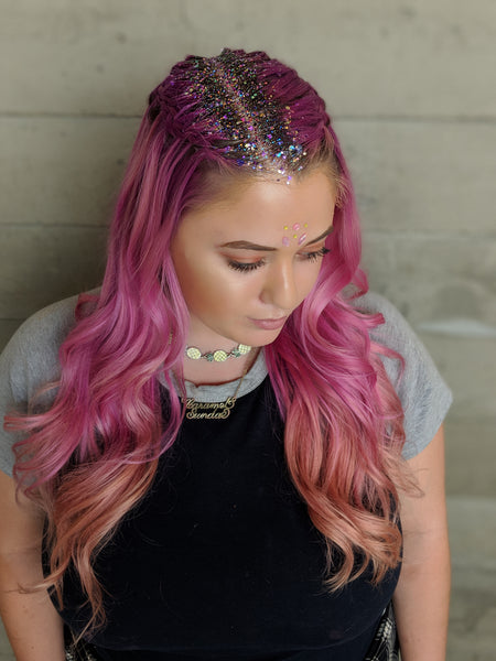 Glitter Roots on Purple Hair Glam Shot