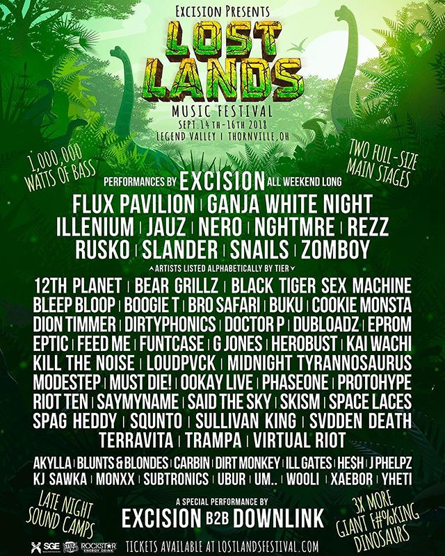 Lost Lands 2018 lineup featuring Excision, Flux Pavillion, Illenium, NGHTMRE, Rezz, Rusko, Slander, Snails, Zomboy