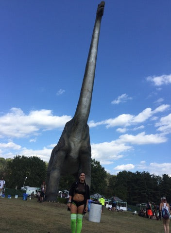 rave girl in festival outfit with neon thigh high socks and crop top at Lost Lands Music Festival 2017 in ohio