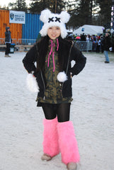 rave girl wearing fuzzy outfit at snowglobe