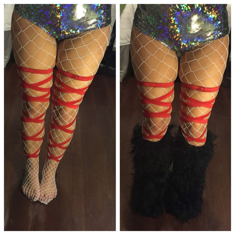 rave girl styling red leg wraps