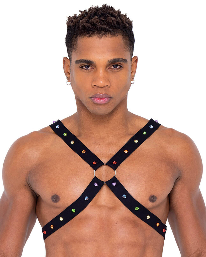 Rainbow Rave Men's Chest Harness-Black/Rainbow-Front--Model---S-M