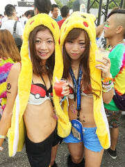  rave girls in matching Pokemon cosplay outfits 