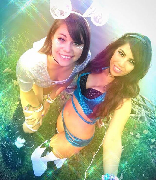 rave girls matching in iridescent outfits 