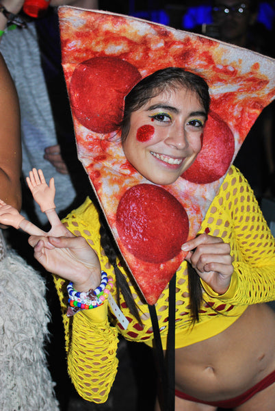 rave girl wearing pizza costume