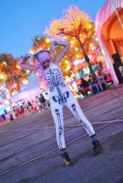 rave girl wearing full skeleton costume 