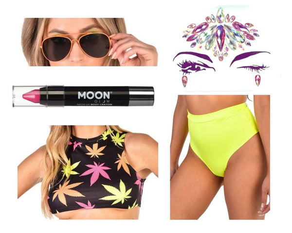 neon weed leaf theme rave outfit and accessories for music festivals