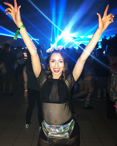 Raver Girl at Get Togther Festival Wearing Rave Outfit and Light Up Goggles