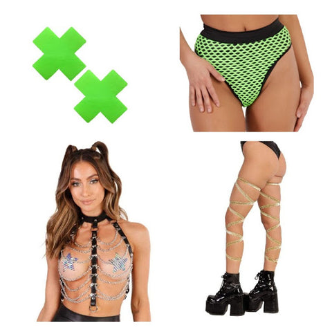 Neon Green Cross Pasties with Chain Harness