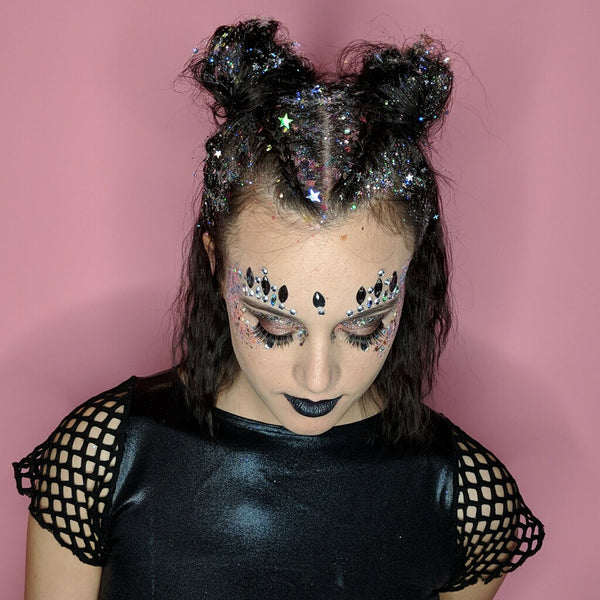 Girl Wearing Black Mesh Top with Space Buns and Glitter Roots