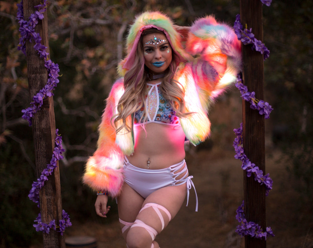 Light up Tie Dye Rainbow Fur Jacket with Mesh Daisy Keyhold Top and White Lace Up Bottoms