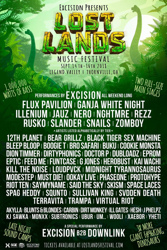 Lost Lands 2018 lineup featuring Excision, Flux Pavillion, Illenium, NGHTMRE, Rezz, Rusko, Slander, Snails, Zomboy