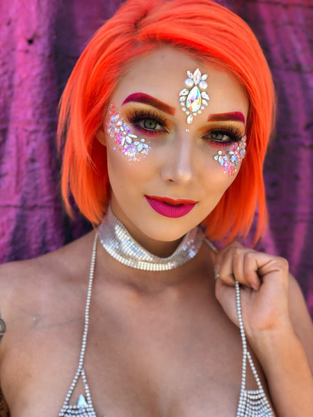 Orange Rave Hair with face jewels and sequined rhinestone choker