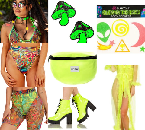 Multi Color Trippy Print Matching Set with Mushroom Pasties and Neon Green Combat Boots