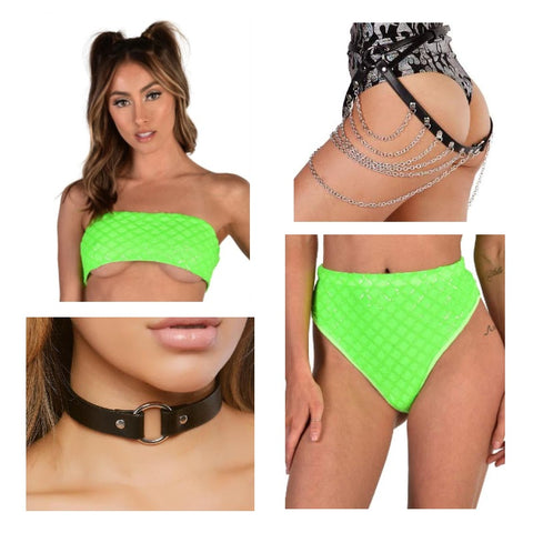 Neon Green Tube Top and Matching High Waisted Shorts