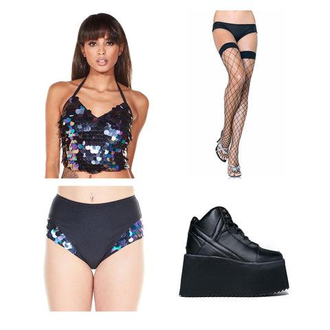 Techno Babe Outfit including seequin halter top, thigh highs, black platform shoes, and disco mermaid sequin flip shorts