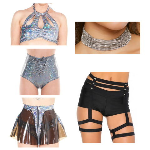 Holographic cutout top with holographic lace up bottoms, silver necklace chain, space babe skirts, leg garters