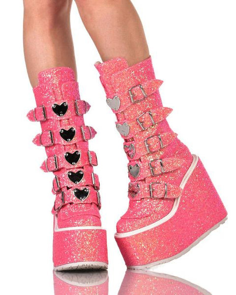 Womens Shoes Demonia Heart Buckle Pink Glitter Platform Boots