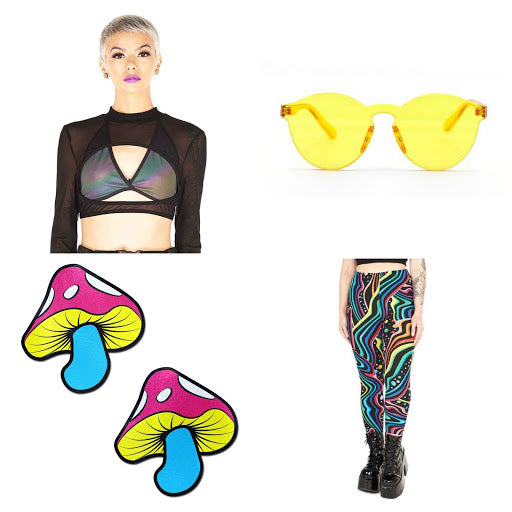 Funky all over print leggins with yellow transparent sunglasses and harness with mushroom pasties 