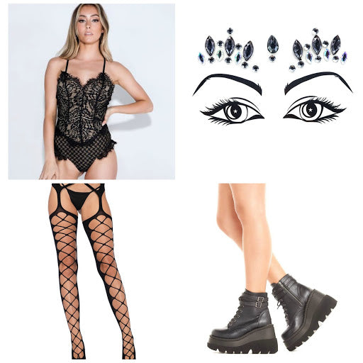 Lace Bodysuit with black hosiery, face jewels and black combat boots