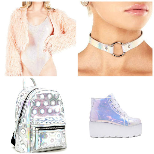 Pink Faux Fur Cropped Jacket with Holographic Backpack and Holographic Boot and Holographic Choker