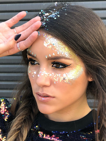 Gold and Silver Disco Eyes Chunky Glitter for festival makeup looks 