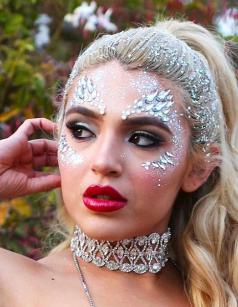 Ice Queen Look with Silver Festival Face Gems and Silver Ice Glitter in Hair with Diamond Choker