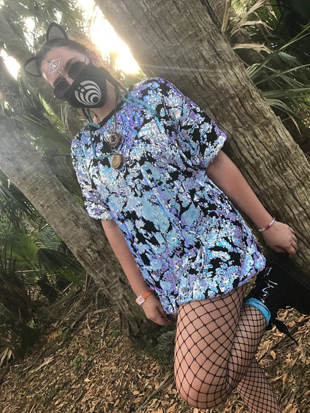 iHeartRaves Enchanted Sky Sequin Tee modeled at Okeechobee Music Festival 2018