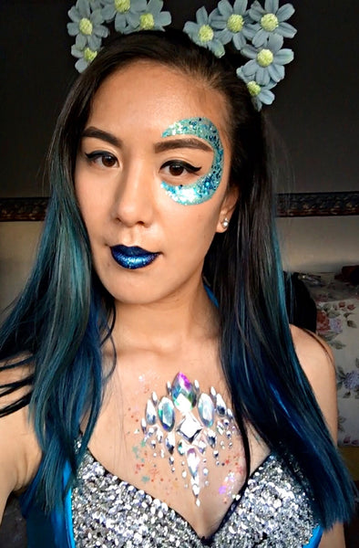 Moon Kitty Festival Makeup Look with Daisy Cat Ear Headband, Body Jewels, & Chunky Face Glitter