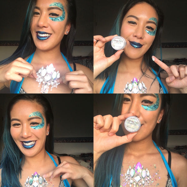 Festival Makeup Looks with Body Rhinestone Jewels & White Chunky Face Glitter