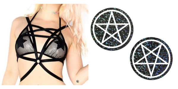 Black Mesh Harness and Black Glitter Pentagram Pasties