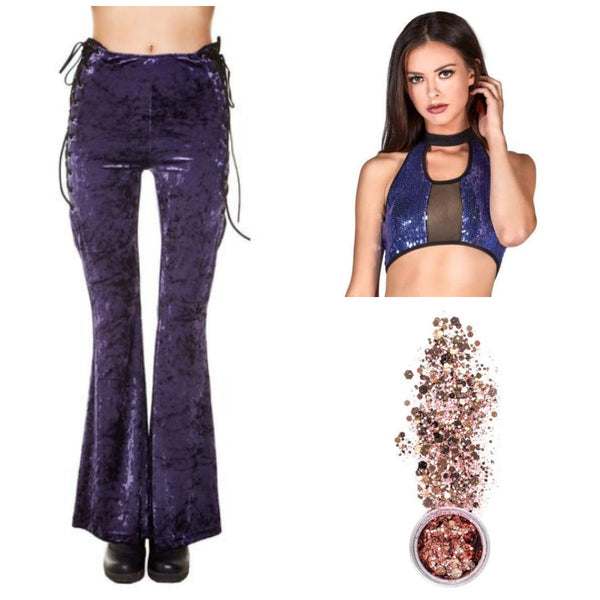 Purple Velvet Bell Bottoms and Glitter Halter Top