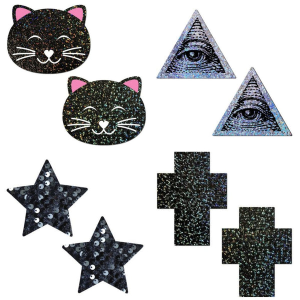 Black Glitter Star Pasties, Black Glitter Cross Pasties, Seeing Eye Triangle Pasties, Black Glitter Smiling Kitty Pasties, 