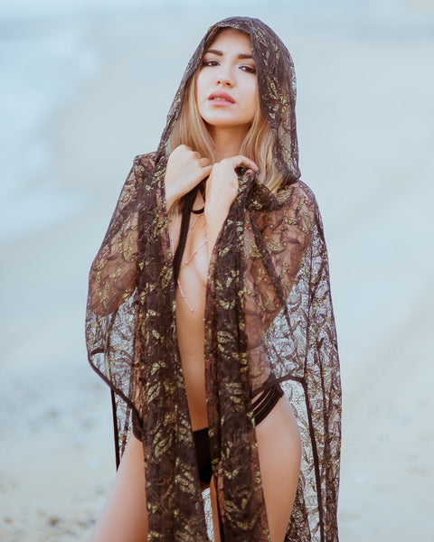 rave girl modeling hooded sheer kimono