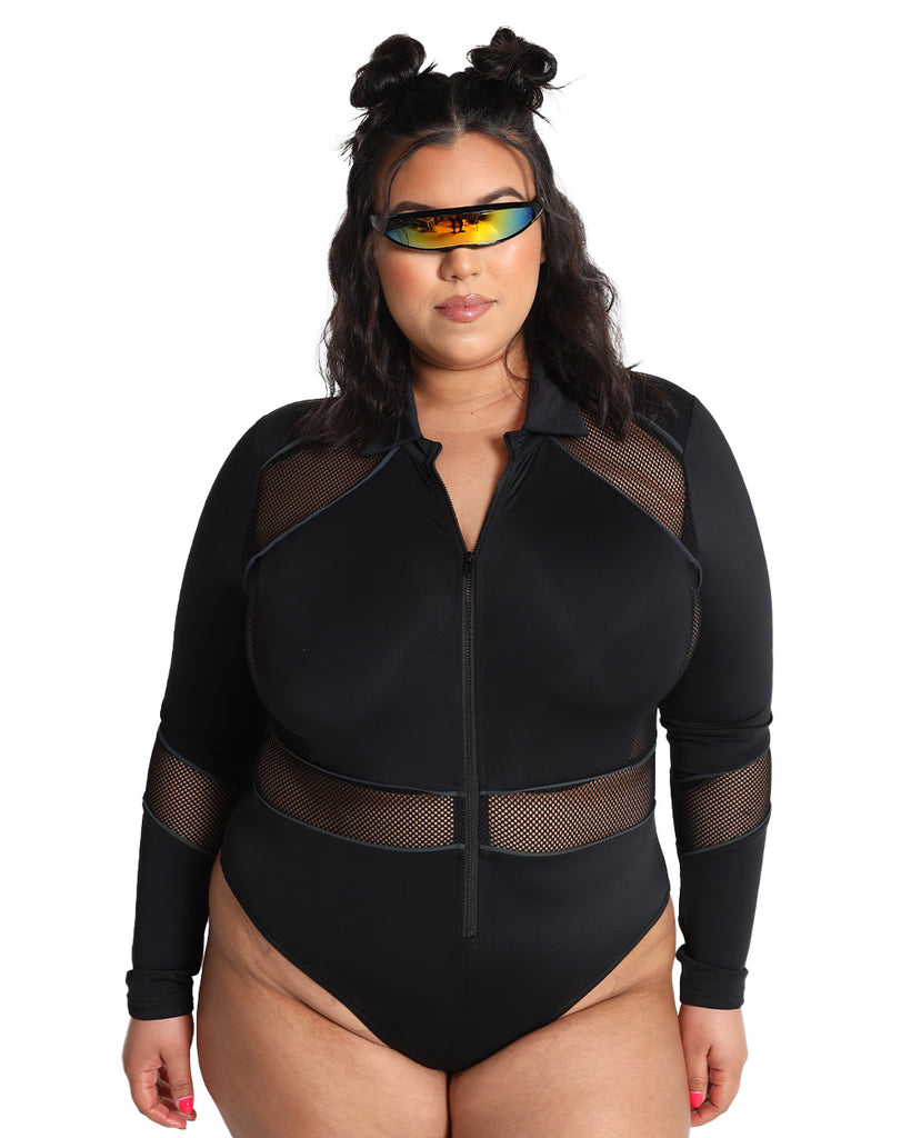 Dark Meets Light Rainbow Reflective Bodysuit-Curve1-Black-Front--Silvia---1X