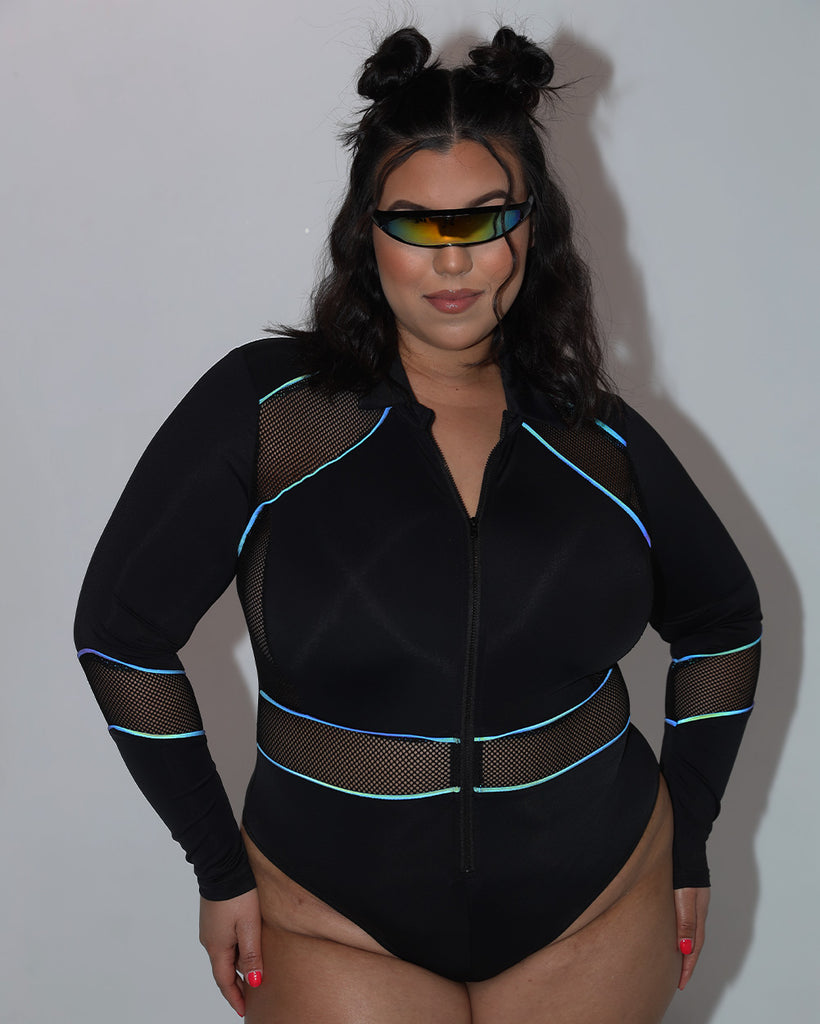 Dark Meets Light Rainbow Reflective Bodysuit-Curve1-Black-Reflective--Silvia---1X