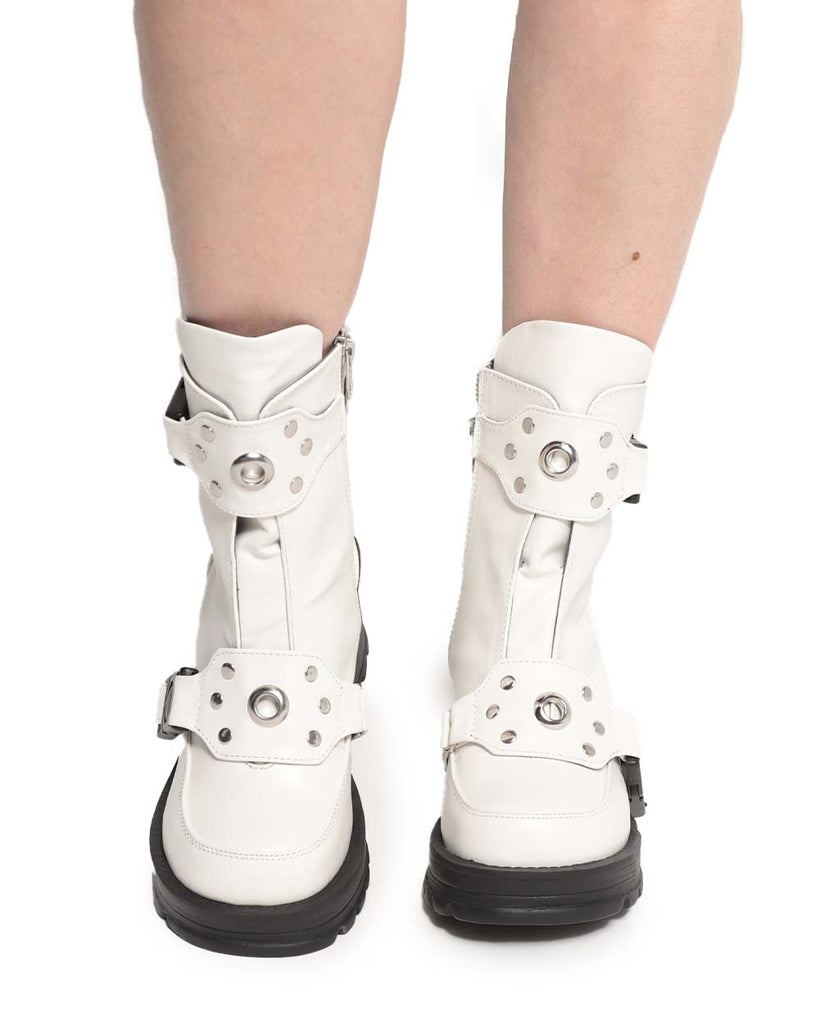 Demonia Hands Up Chunky Heel Ankle Boots-White-Front