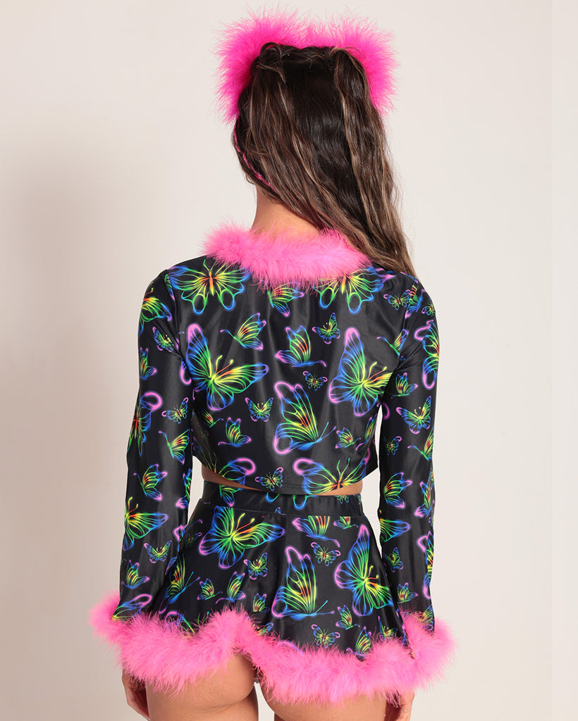 Euphoric Butterflies Marabou Long Sleeve Top-Neon Pink/Neon Yellow/Purple-Back--Hannah---S