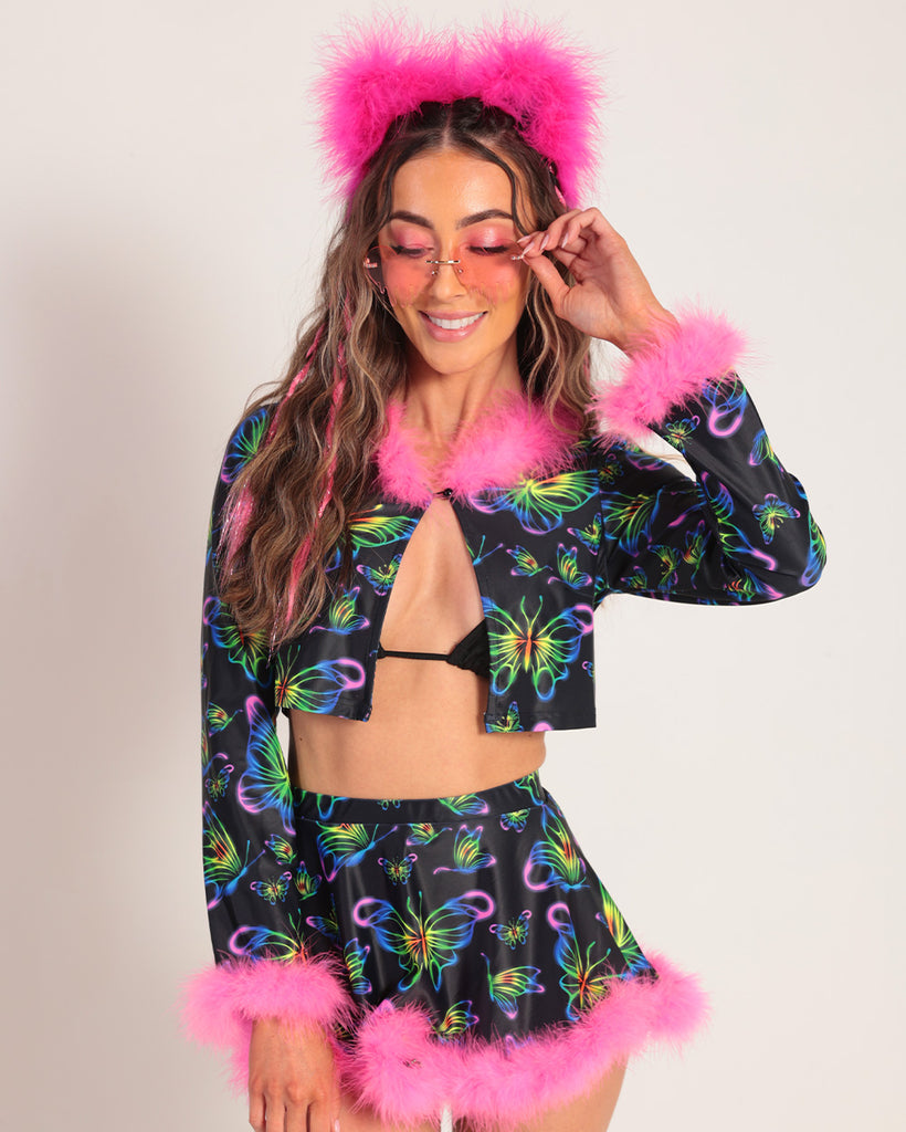 Euphoric Butterflies Marabou Long Sleeve Top-Neon Pink/Neon Yellow/Purple-Front--Hannah---S