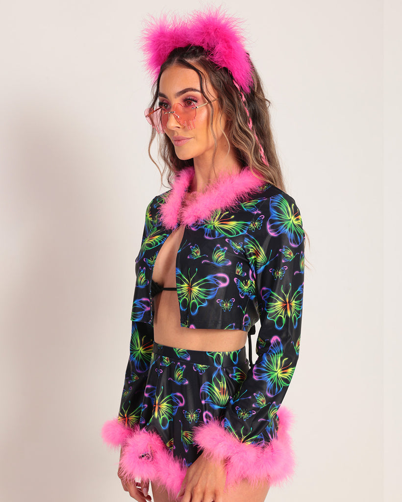 Euphoric Butterflies Marabou Long Sleeve Top-Neon Pink/Neon Yellow/Purple-Side--Hannah---S