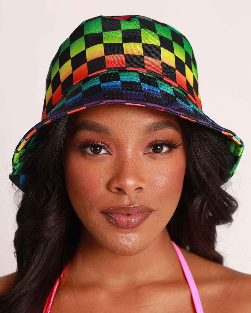 Good Energy Rainbow Checkered Bucket Hat-Black/Orange/Red-Fromy