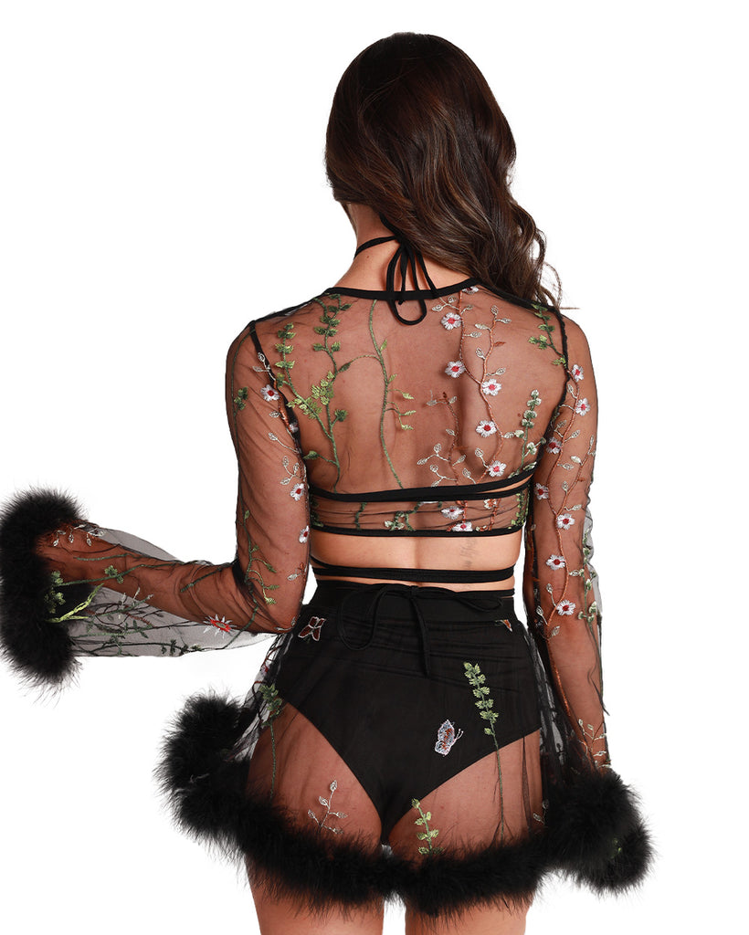 Lace Flowerfields Marabou Ultra Crop Top-Black-Back--Hannah---S