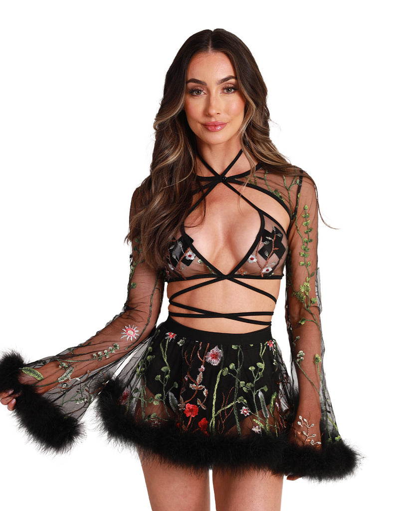 Lace Flowerfields Marabou Ultra Crop Top-Black-Front--Hannah---S