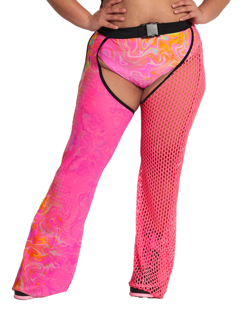 Rolita Couture x iHR Fractal Flashbacks Fishnet Splice Bell Chaps-Curve1-Rainbow-Front--Silvia---2XL