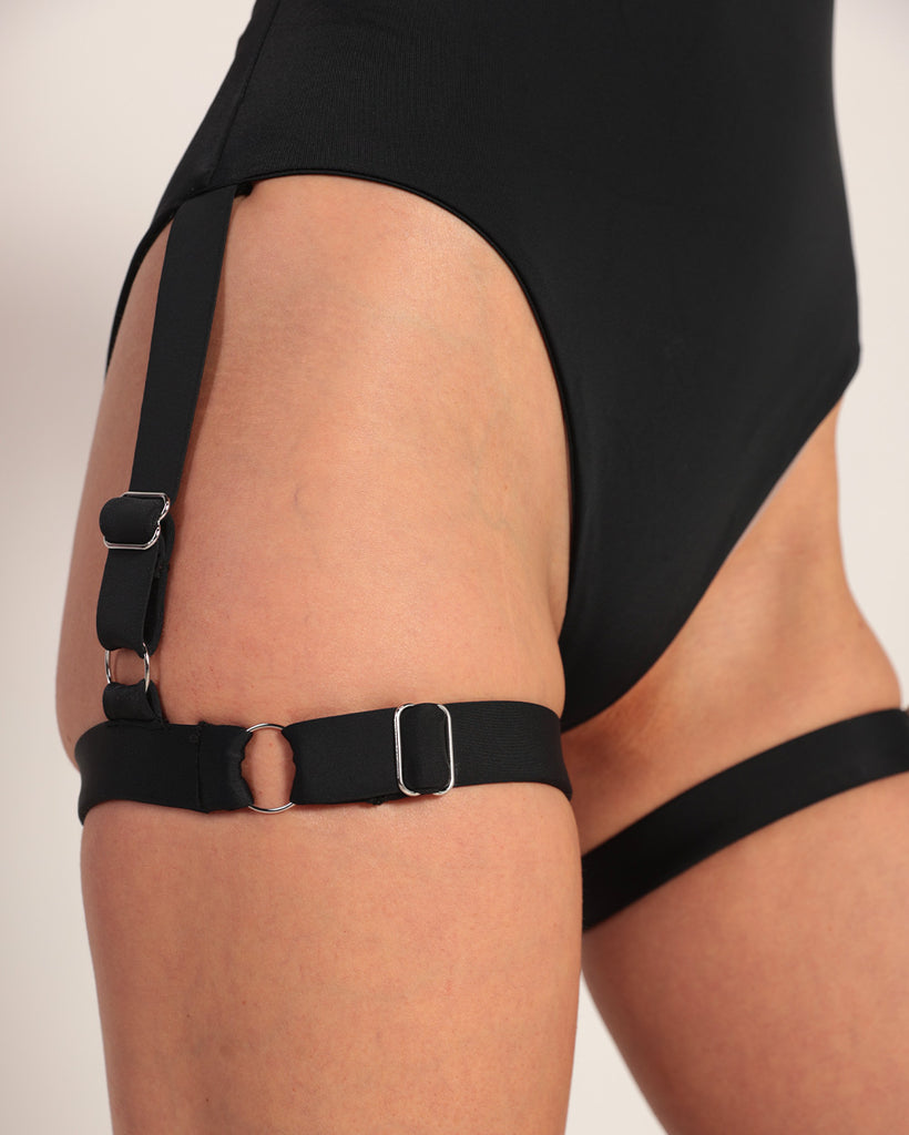 U Could Never Halter Bodysuit with Leg Garters-Black-Detail