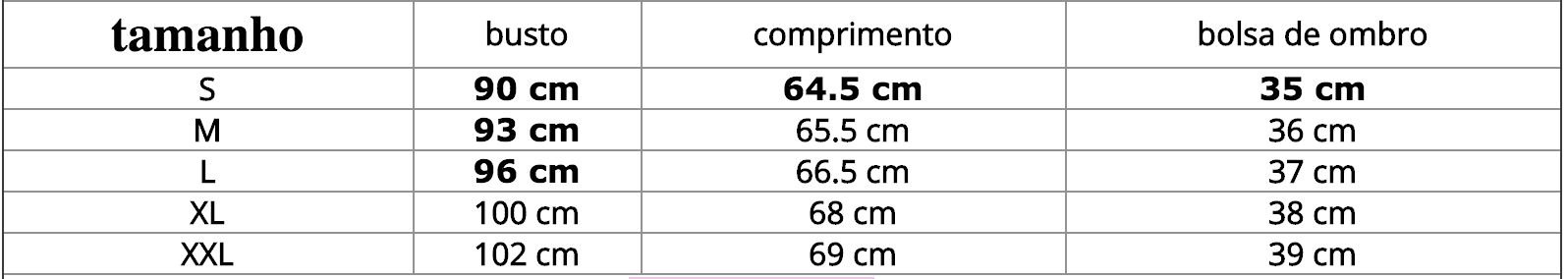 tabela tamanho camisa feminina