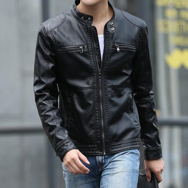 jaqueta de couro masculina slim com capuz