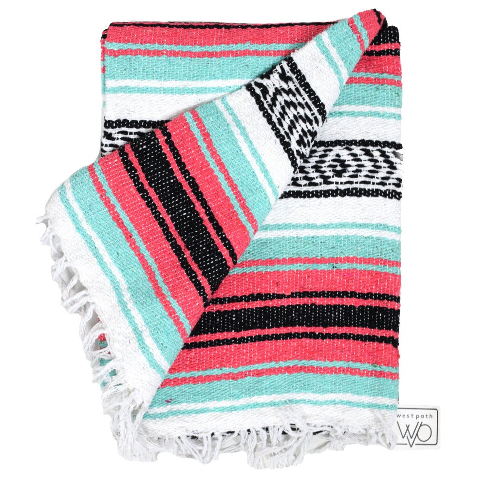 Mexican Blanket Seafoam Green And Coral Mexican Throw Yoga Blanket West Path