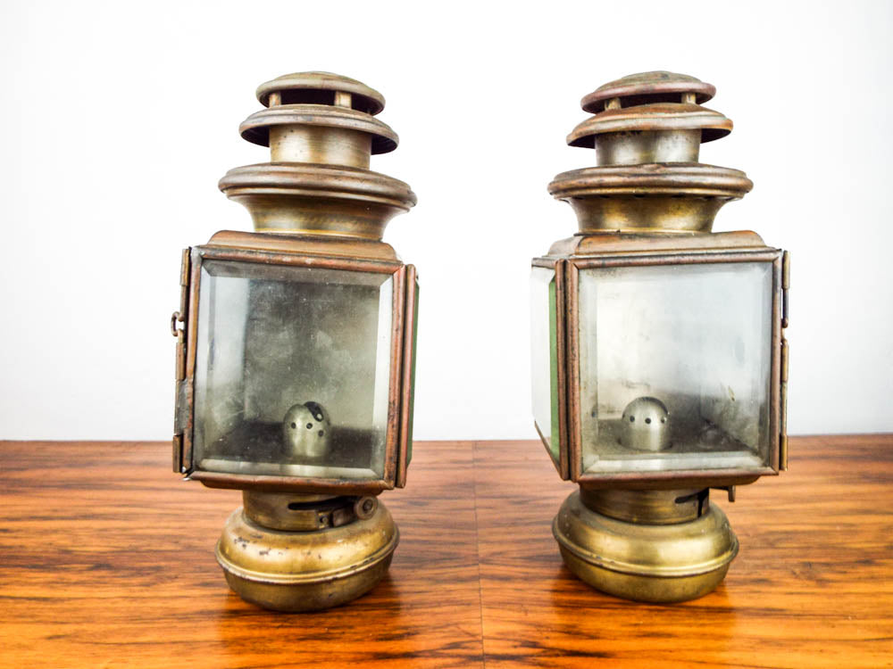 Antique Pair Brass Car Lanterns Kerosene Carriage Lamps Light Lighting